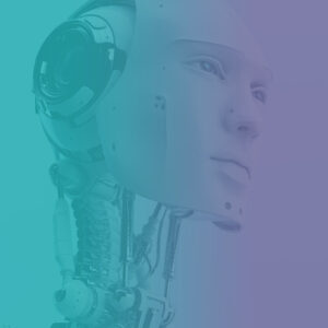 The head of a robot is shown against a blue and purple background.